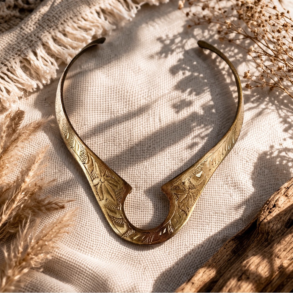 Vintage Etched Brass Collar Necklace Boho Statement Torque Necklace